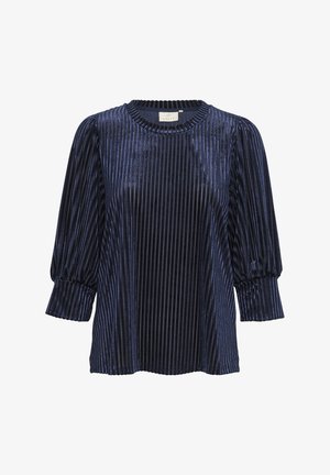 Blouse en velours bleu marine, avec des rayures verticales, décolleté rond et manches bouffantes trois-quarts. Texture douce avec un léger brillant.