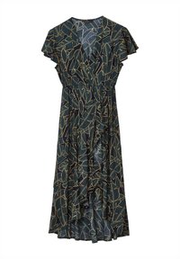 Robe portefeuille en tissu bleu marine avec un motif de feuilles dorées. Manches courtes volantes, taille élastique et silhouette fluide.