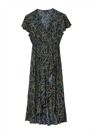 Robe imprimée avec une base bleu marine foncé agrémentée de motifs de feuilles dorées, manches courtes à volants et taille cintrée, créant une silhouette portefeuille.