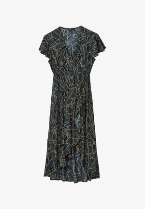 Vestito stampato con base blu scuro e motivi di foglie dorate, maniche corte con volant e vita aderente che crea una silhouette avvolgente.