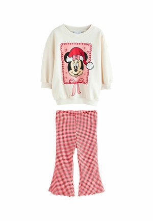 Cremfarbener Sweatshirt mit einem bedruckten Minnie Maus-Motiv in einem Weihnachtsmannhut, kombiniert mit rot-weiß karierten Schlaghosen. Weicher Stoff, lässiges Design.