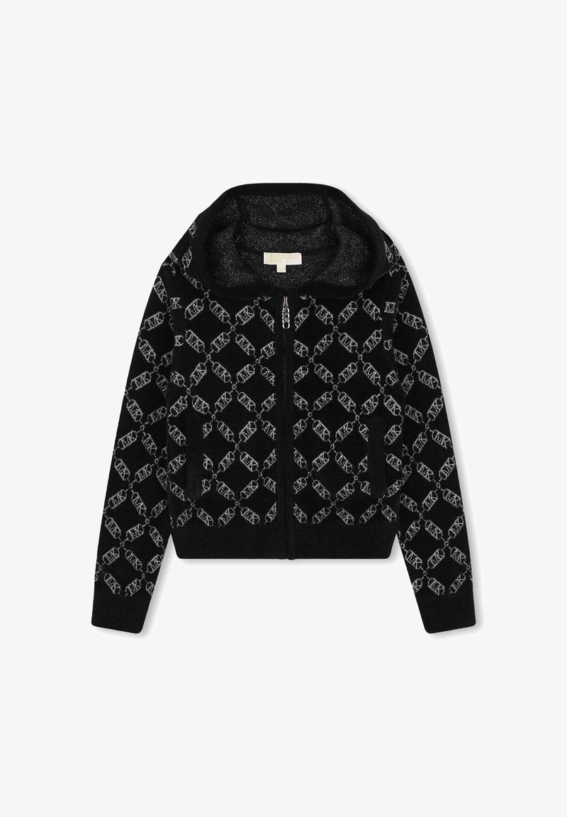 Svart zip-up jacka i mjukt tyg, med ett upprepat vitt geometriskt mönster, ståkrage och två fickor fram.