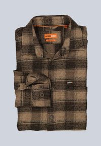 Plaid button-up shirt in brown and black, made of textured fabric. Collared with a rolled sleeve and tag displaying brand name.