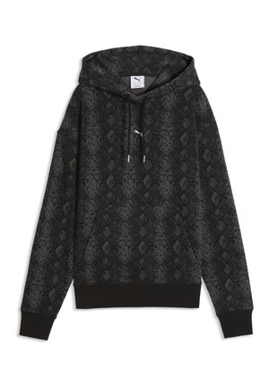 Sudadera con capucha negra y gris oscuro con estampado de serpiente, bolsillo delantero, cordones, puños y dobladillo acanalados, y pequeño logo blanco de Puma en el pecho.