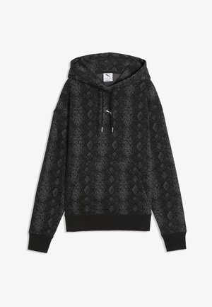 Sudadera con capucha negra y gris oscuro con estampado de serpiente, bolsillo delantero, cordones, puños y dobladillo acanalados, y pequeño logo blanco de Puma en el pecho.