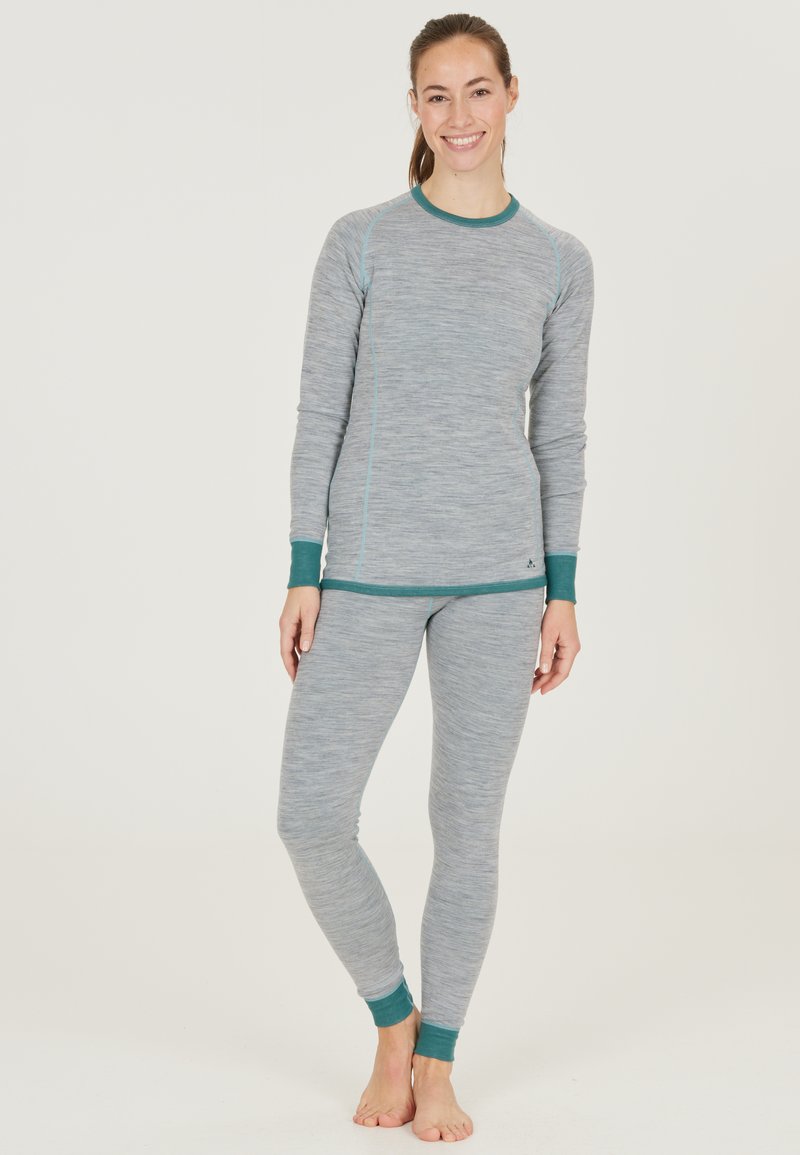 Grå långärmad topp och leggings-set, med azurblå detaljer och ribbade manschetter, tillverkat av ett mjukt, strukturerat tyg med en melerad finish.