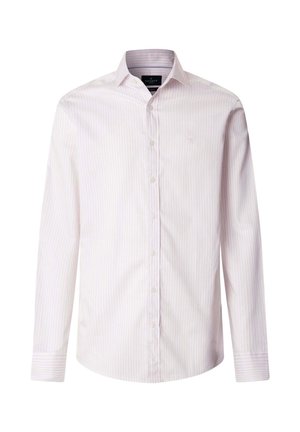 Camicia elegante da uomo a maniche lunghe di colore rosa chiaro con sottili strisce verticali, chiusura con bottoni sul davanti e colletto classico.