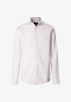 Herenoverhemd met lange mouwen in lichtroze met dunne verticale strepen, knoopsluiting aan de voorkant en een klassieke kraag.