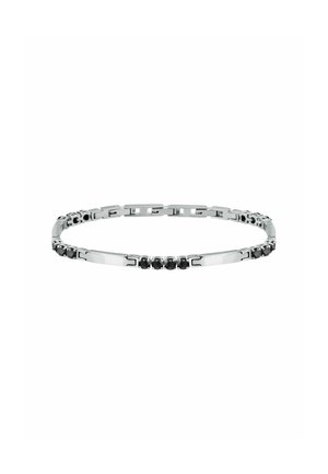 Bracciale in argento con collettive rettangolari alternate e dettagli in pietra nera, texture liscia e finitura lucida.