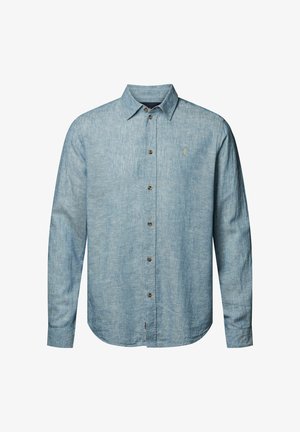 Fénykék hosszú ujjú gombos ing, texturált anyagból, hegyes gallérral és hét barna gombbal az elején.