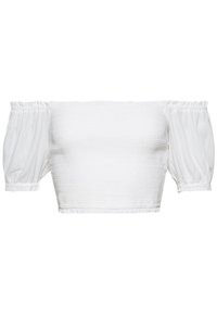 Hvid off-the-shoulder crop top med puffærmer, der har et tekstureret smocked design og sammenkrummede kanter. Stoffet har en blød, let gennemsigtig kvalitet.