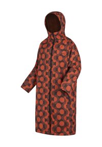 Long hooded jacket with zipper, brown and orange large polka dot pattern, and warm fleece lining inside the hood.