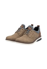 Chaussures en cuir perforé marron avec des accents gris, lacets ronds et semelle rembourrée, comprenant un patch logo beige sur la languette.