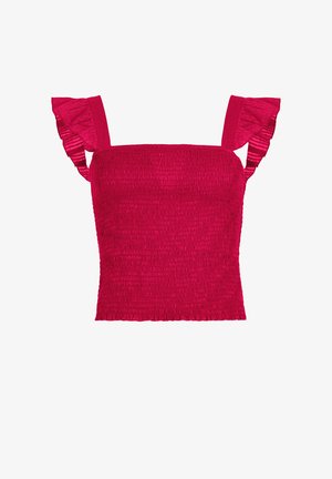 Gerimpeld crop top in felroze met volants op de schouders. Textuurstof en aansluitende snit, met een rekbaar, geplooid ontwerp.