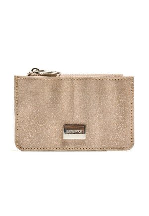 Metallic gold fabric wallet with a zip closure at the top, featuring a silver emblem on the front and stitched edges. Compact rectangular shape.