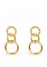 Los pendientes en tono dorado presentan bucles entrelazados con un acabado pulido. El diseño incluye un acento circular retorcido en la parte superior.