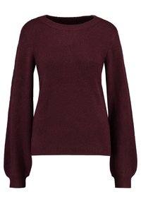 Pull en maille bordeaux avec un col rond et des manches longues légèrement bouffantes. Il présente une texture douce et un ourlet côtelé.