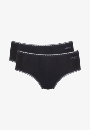 Melnas kokvilnas apakšbikses ar gludu apdari, kurām ir pelēka viļņaina mežģīņu apdare ap jostasvietu. Ir divas pāri redzami.