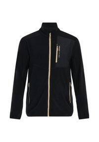 Giacca in pile nera con zip beige, colletto alto, tre tasche con zip e il testo "Protest Pure Green" sulla tasca del petto.