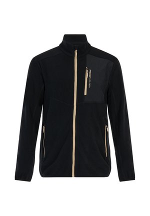 Zwarte fleecejack met beige rits, opstaand kraag, drie ritszakken en "Protest Pure Green" tekst op de borstzak.