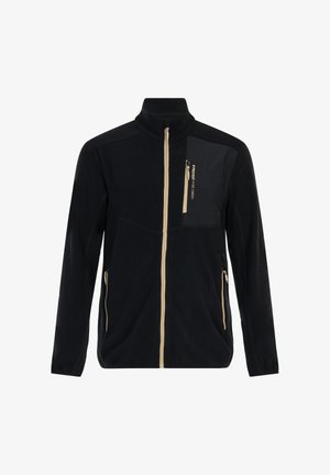 Zwarte fleecejack met beige rits, opstaand kraag, drie ritszakken en "Protest Pure Green" tekst op de borstzak.