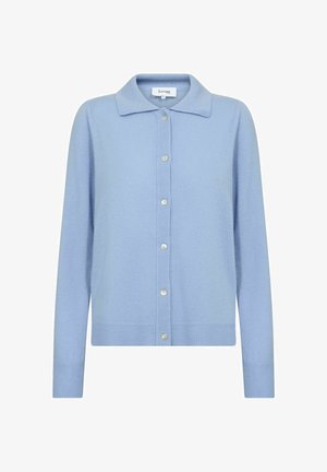 Světle modrý kardigan s límečkem, zapínáním na knoflíky a vroubkovanými manžetami. Vyrobeno z měkkého materiálu, s hladkým povrchem a bez vzorů.