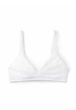 Bralette triangle en coton blanc avec bretelles ajustables, design sans couture et texture douce. Style simple et minimaliste, sans matériel visible.