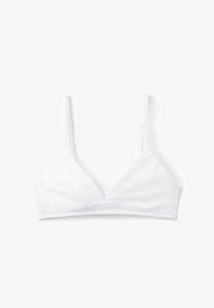 Bralette triangle en coton blanc avec bretelles ajustables, design sans couture et texture douce. Style simple et minimaliste, sans matériel visible.