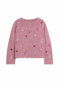 Rozā adīta kardigāna ar viļņotām malām, ar izšūtiem trušiem, ziediem un konfekšu nūjiņām. Priekšpusē piecas koka pogas.