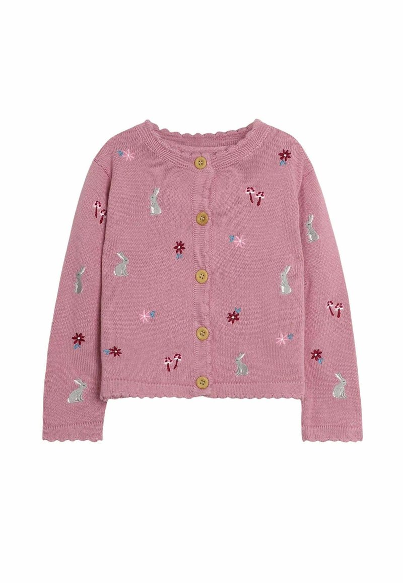 Rozā adīta kardigāna ar viļņotām malām, ar izšūtiem trušiem, ziediem un konfekšu nūjiņām. Priekšpusē piecas koka pogas.