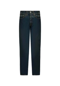 Jeans in denim blu scuro con design a gamba dritta, tasche anteriori e cuciture visibili. Tessuto liscio con dettagli di pattern sottili.