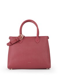 Borsa a mano in pelle rossa con finitura strutturata, manici doppi superiori e tracolla removibile con fibbia dorata. Dettaglio logo discreto sulla parte frontale.