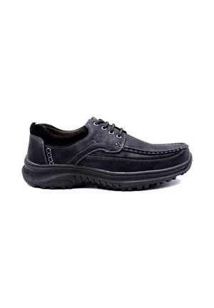 Chaussures en cuir noir à lacets avec une finition lisse, bout rond et semelle en caoutchouc texturé. Présentent des accents de couture et un soutien de cheville rembourré.