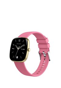 Smartwatch con cassa in oro, display quadrato nero che mostra l'ora, la frequenza cardiaca, i passi, la data e un cinturino in silicone rosa regolabile con fibbia in metallo.