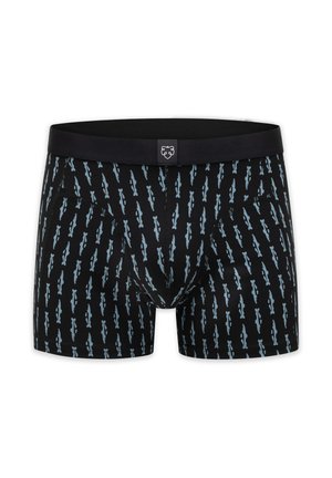 Boxer nero con motivo mitra azzurro chiaro su tutta la superficie e fascia in vita nera tinta unita con piccolo logo bianco con faccia di leone al centro davanti.