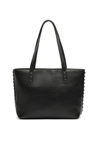 Čierna taška cez rameno vyrobená z textúrovanej kože, s dvoma dlhými rúčkami, zdobená stĺpikmi po stranách a obdĺžnikovým tvarom.