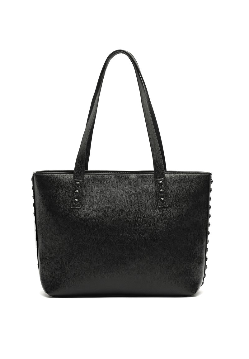 Čierna taška cez rameno vyrobená z textúrovanej kože, s dvoma dlhými rúčkami, zdobená stĺpikmi po stranách a obdĺžnikovým tvarom.