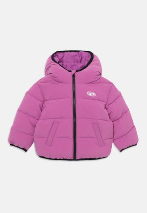 Pink puffer jacket featuring a hood, zip closure, two front pockets, and contrasting black trim along the edges.