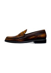 Brown leather loafer, with a smooth finish and stitching detail. Standard shape, black rubber sole, and slip-on design without laces.