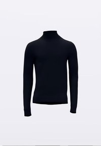 Sort rullekravesweater lavet af glat stof. Har lange ærmer og en tætsiddende pasform med høj hals og en sømfri finish.