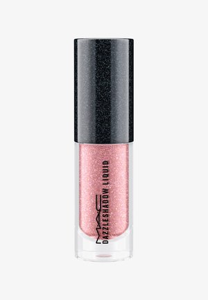 Fard à paupières liquide pailleté rose dans un tube transparent avec un capuchon noir pailleté ; l'étiquette indique "DAZZLESHADOW LIQUID." Texture lisse et finition brillante.