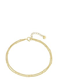 Kullatud käevõru kihilise kettide disainiga, millel on tekstureeritud lingid ja väiksed ümmargused aktsendid; reguleeritav klamber koos pikendusahelaga.