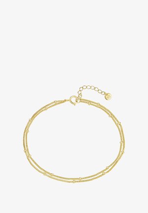 Bracciale placcato oro con design a catena a strati, maglie lavorate e piccoli dettagli rotondi; chiusura regolabile con catenella di prolunga.