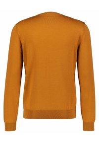 Musztardowy sweter, miękki splot, długie rękawy, okrągły dekolt, prążkowane mankiety i dół, gładki design bez wzorów lub ozdób.