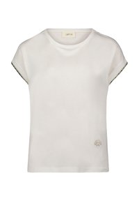 Hvid kortærmet t-shirt lavet af bomuld med rund hals, prydet med indviklet broderi på forsiden og mønstrede kanter på ærmerne.