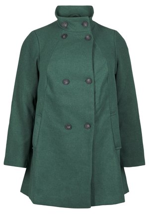 Green wool-blend coat with a double-breasted design, high collar, and four black buttons. Features side pockets and a tailored fit.