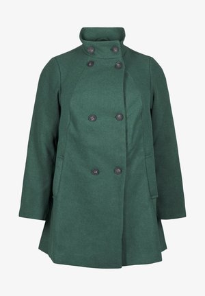 Roheline villasegu jope topelt nööpimisega, kõrge kraega ja nelja musta nupuga. Omab küljetaskuid ja sobivat lõiget.