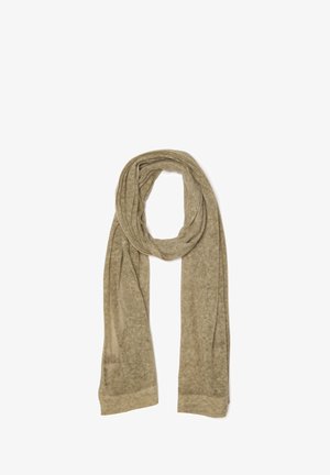 Sciarpa beige realizzata in tessuto morbido, con un design testurizzato e un bordo leggermente sfilacciato. Disposta delicatamente in un'arrangiamento a spirale.