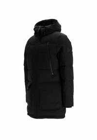 Schwarze Daunenjacke mit Kapuze, mit gestepptem Design, Reißverschluss- und Knopfentaschen sowie einem Reißverschluss vorne.