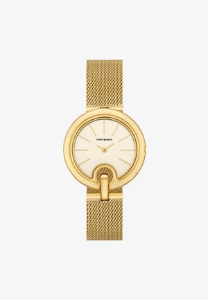 Gold mesh band watch with round face, cream dial, hour markers, and minimalist design. Features signature logo at the center.